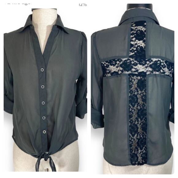 Gray chiffon black lace blouse by Wet Seal, tie front button up roll sleeve top - Picture 1 of 6